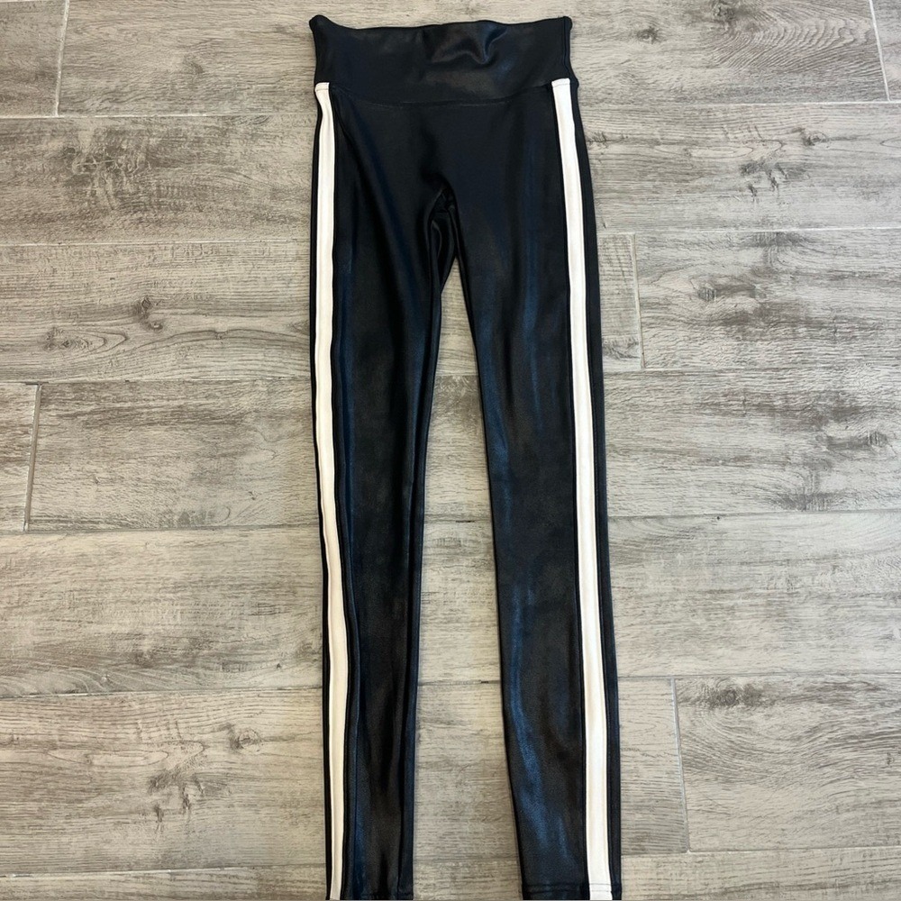 Spanx Women's Faux Leather Legging Black with White Race Stripe Size XS